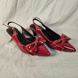 Susanny Womens Red Patent Bow Slingback Pumps Pointed Toe Kitten Heels Size 6